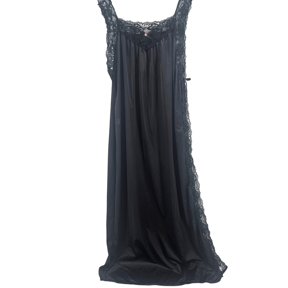 Vintage Glencraft Womens Large Nightgown Black Lace Trim One Sided Leg Slit